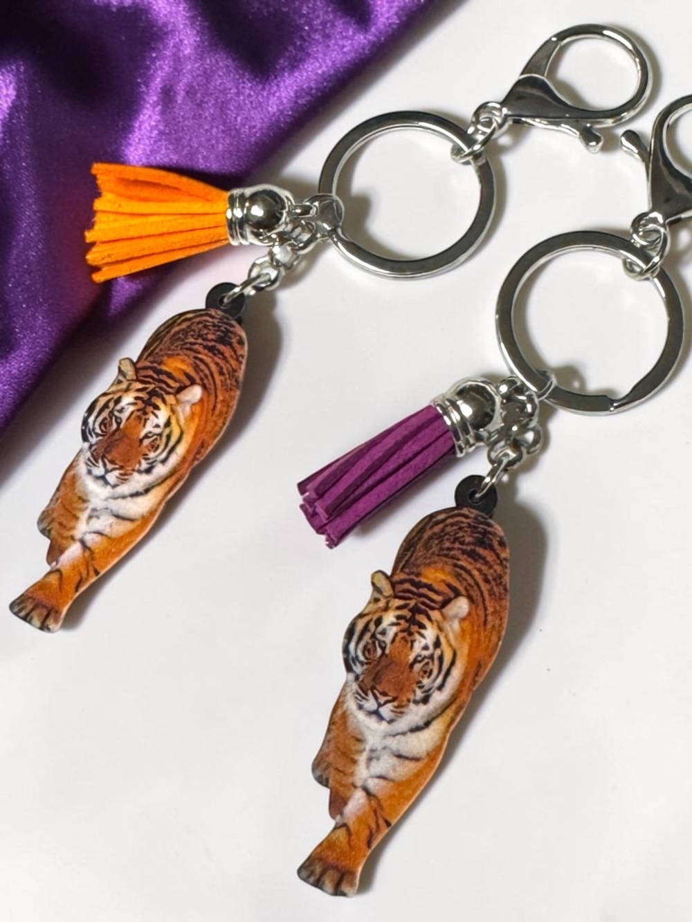 Tiger Tassel Keychain Acrylic Wood Bag Charm Purple Orange Game Day Accessory
